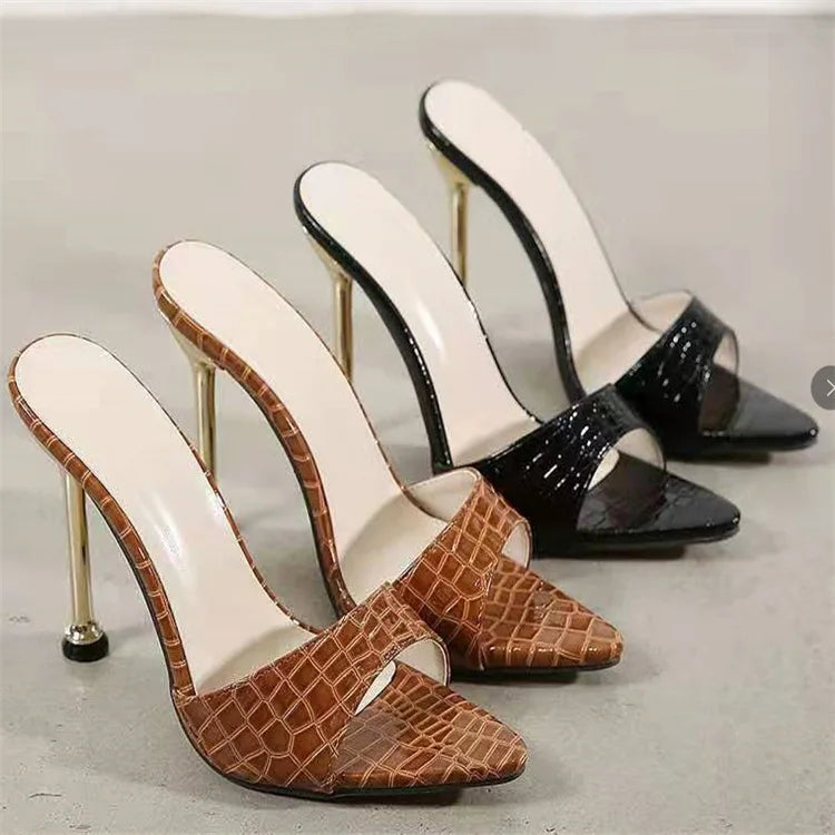 Woman Slippers Snake Print Strappy High Heels Slippers Sandals Pointed Toe Slides Pumps Shoes for Ladies Women Summer