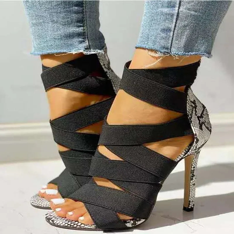 Pumps Party Sexy Shoes Prom Shoes Snake Summer Shoes Woman Pumps High Thin Heels Pointed Toe Rhinestone Gladiator