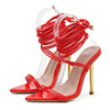 Summer 12CM Gladiator Heels Sandals For Women Fashion Pointed Open Toe Lace-Up Stiletto Ladies Strappy Wedding Shoes Black Red