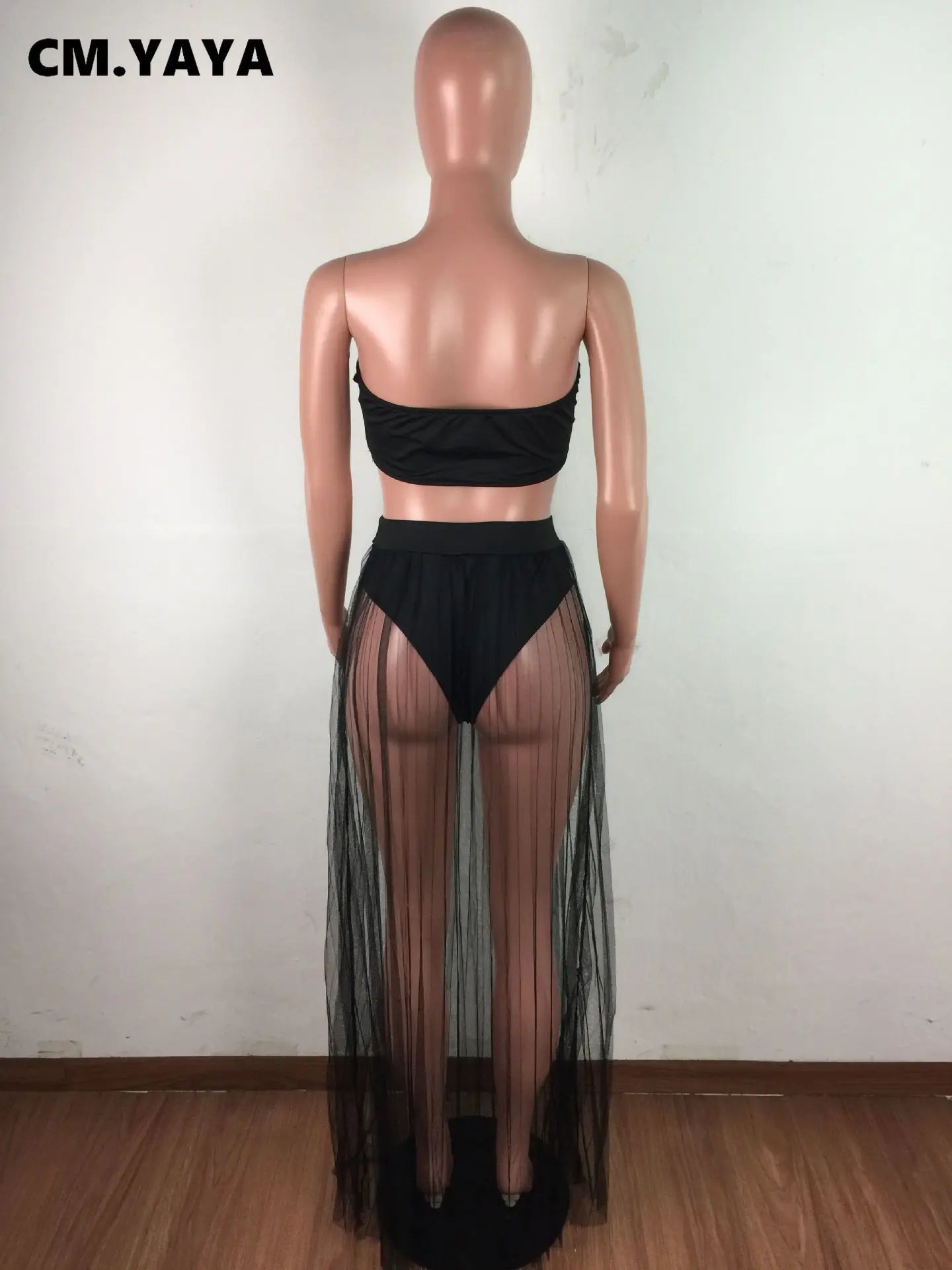 CM.YAYA Women Mesh See Though Two Piece Set Sexy Beach Strapless Tops and Pleated Maxi Skirts Matching Set Summer Outfits