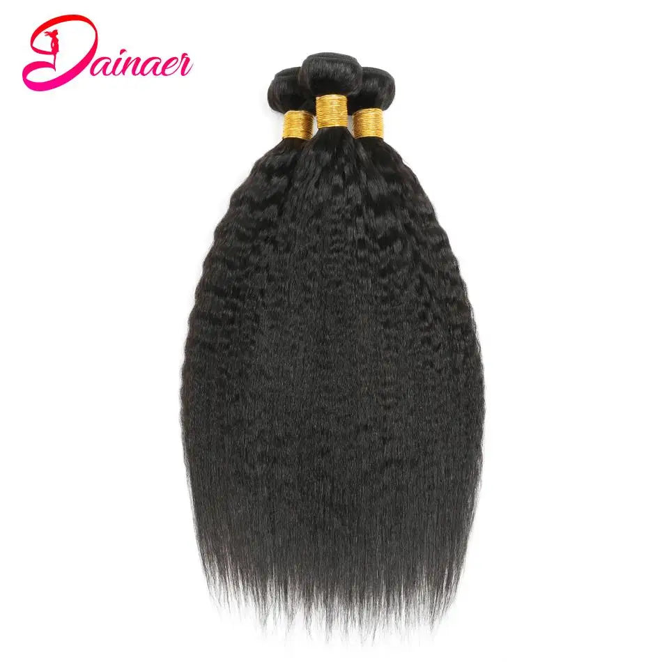 Kinky Straight Human Hair 3 Bundles With Closure Yaki Straight Hair Bundles With 4x4 Closure Human Hair Bundles With Closure