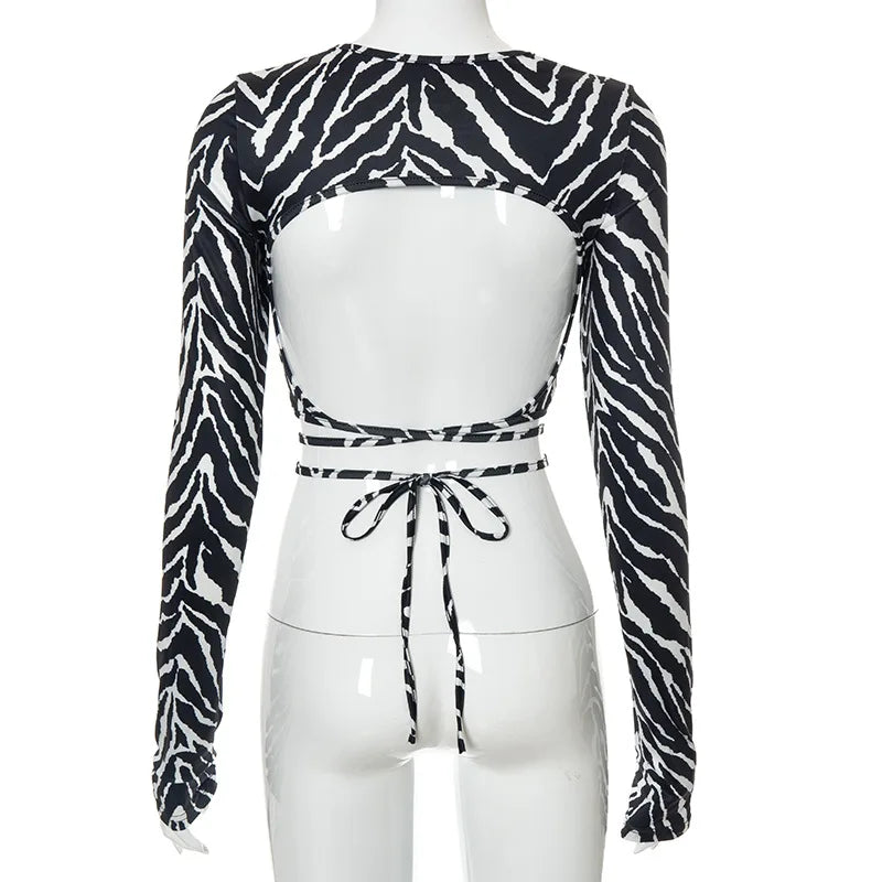 Sexy Backless Lace ups Pullover Tees Women Autumn Black O-neck Slim Longsleeve Short T-Shirt
