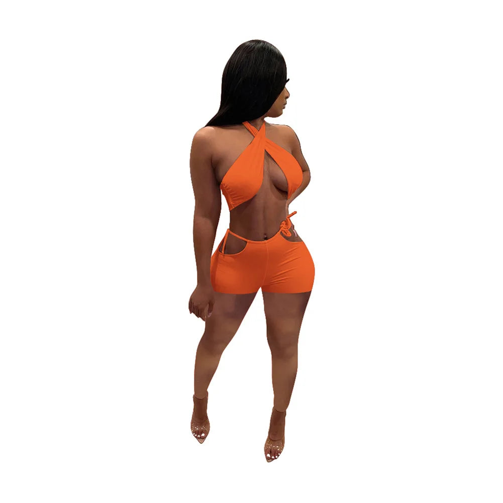 Two Piece Sets for Women Ruched Bandage Criss Cross Solid Women 2024 Spring Backless Club Crop Top and Shorts Matching Set