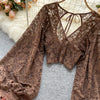 Autumn Black/White/Brown Sexy Lace Blouse Women Elegant V-Neck Puff Long Sleeve Open Back Short Tops Female Party Blusas 2021