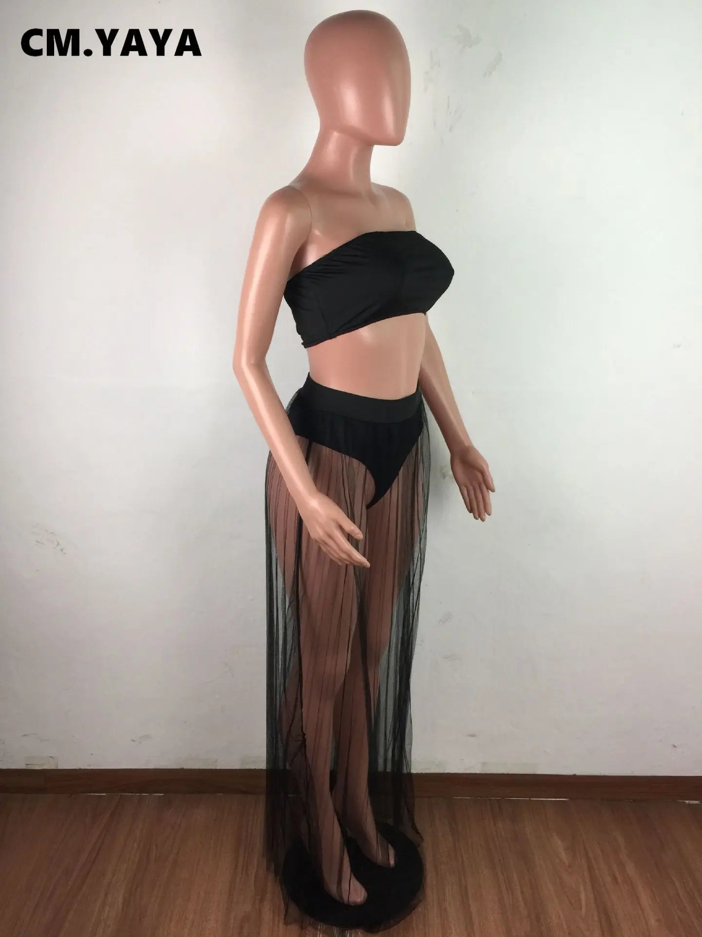 CM.YAYA Women Mesh See Though Two Piece Set Sexy Beach Strapless Tops and Pleated Maxi Skirts Matching Set Summer Outfits