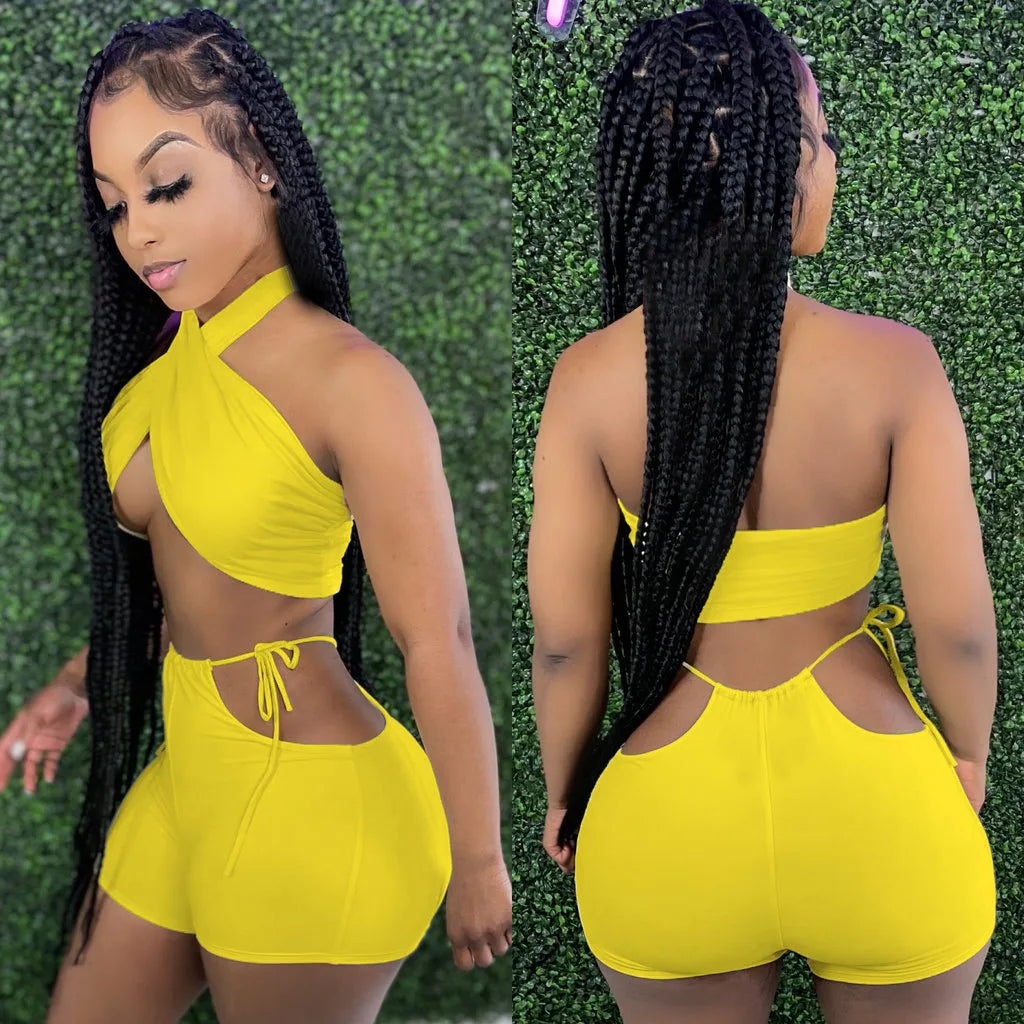 Two Piece Sets for Women Ruched Bandage Criss Cross Solid Women 2024 Spring Backless Club Crop Top and Shorts Matching Set