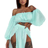 Puloru New Women Two-pieces Beach Suits Summer Solid Color Bikini Cover-ups Sets Off Shoulder Crop Tops+High Slit Maxi Skirts