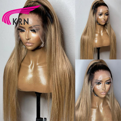 1B27 Straight Hair Lace Front Human Hair Wigs with Baby Hair Preplucked Ombre Honey Blonde Brazilian Remy Lace Front Wig