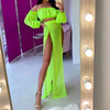 Puloru New Women Two-pieces Beach Suits Summer Solid Color Bikini Cover-ups Sets Off Shoulder Crop Tops+High Slit Maxi Skirts