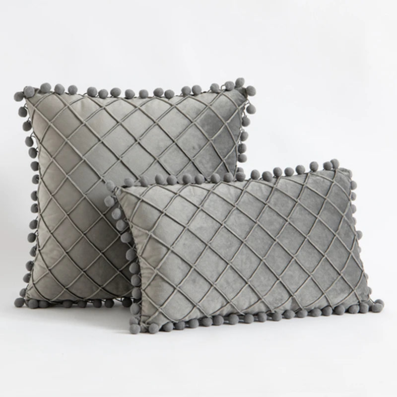 Inyahome Velvet Waist Throw Pillow with Pompom Solid Color Decorative Cushio Pillow Pink Grey Green Solid Velvet Home Pillowcase