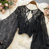 Autumn Black/White/Brown Sexy Lace Blouse Women Elegant V-Neck Puff Long Sleeve Open Back Short Tops Female Party Blusas 2021