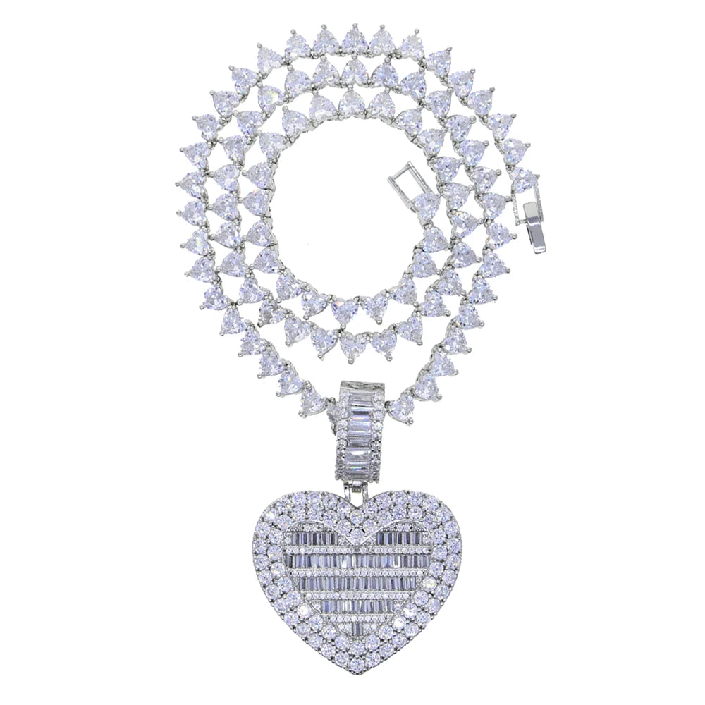 Iced Out Bling Can Be Opened Heart-shaped Photo Pendant Necklace Hearts Tennis Chain Cubic Zirconia Fashion Women Men Jewelry
