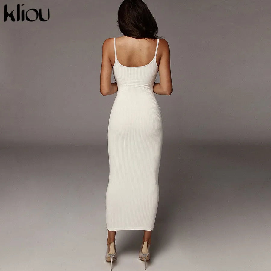Kliou strap backless sexy bodycon midi long dress new women high waist cotton striped dresses elegant fashion party clothes