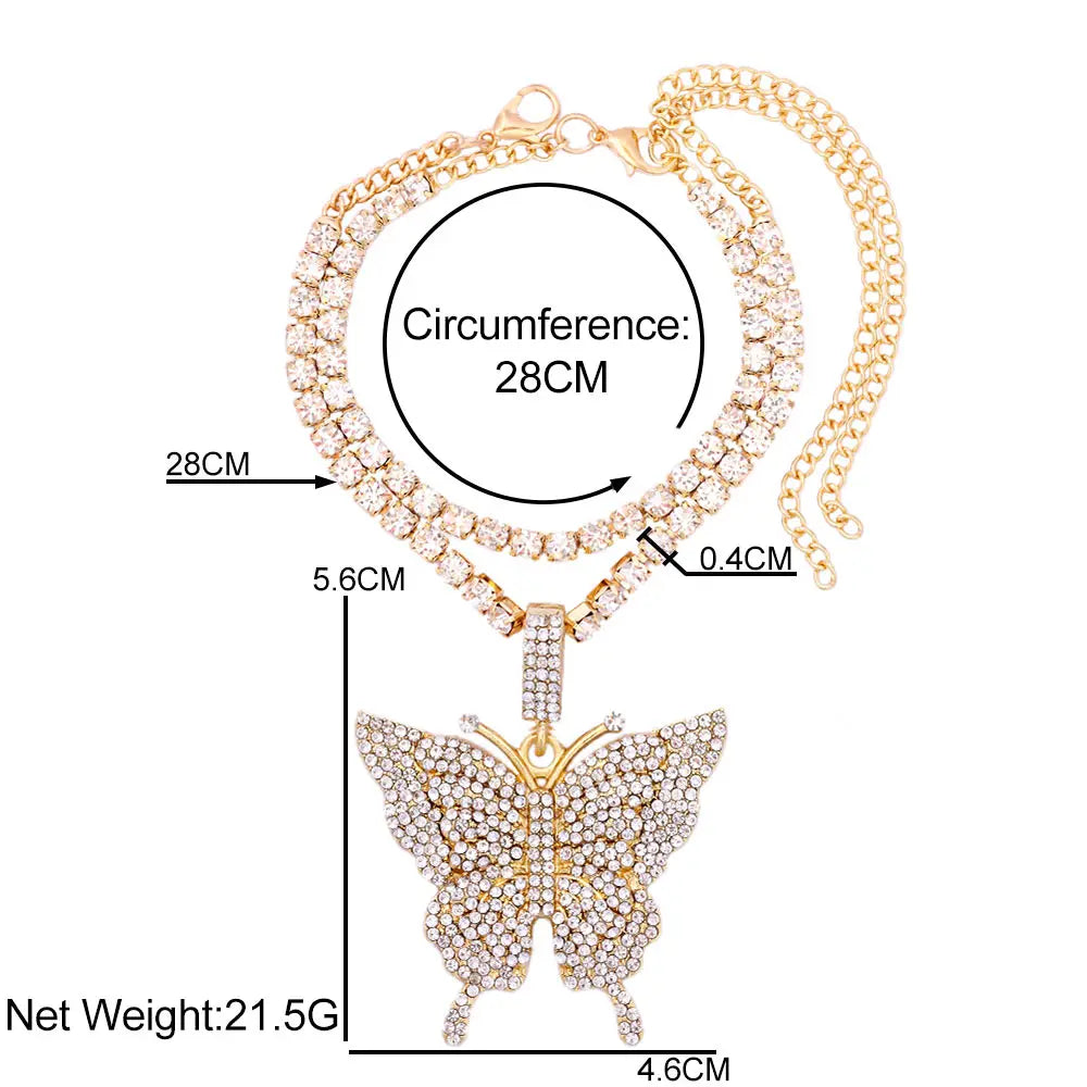Iced Out Crystal Rhinestones Butterfly Pendants Anklet Chain For Women Multi-layer Big Rhinestones Tennis Chain Ankle Jewelry