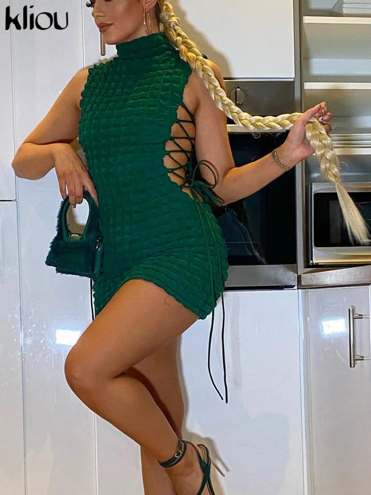 Kliou Stunning Stacked Mini Dress Women Sexy Solid Mock Neck Sleeveless Draw String Bodycon Party Clubwear Elegant Female Skirt