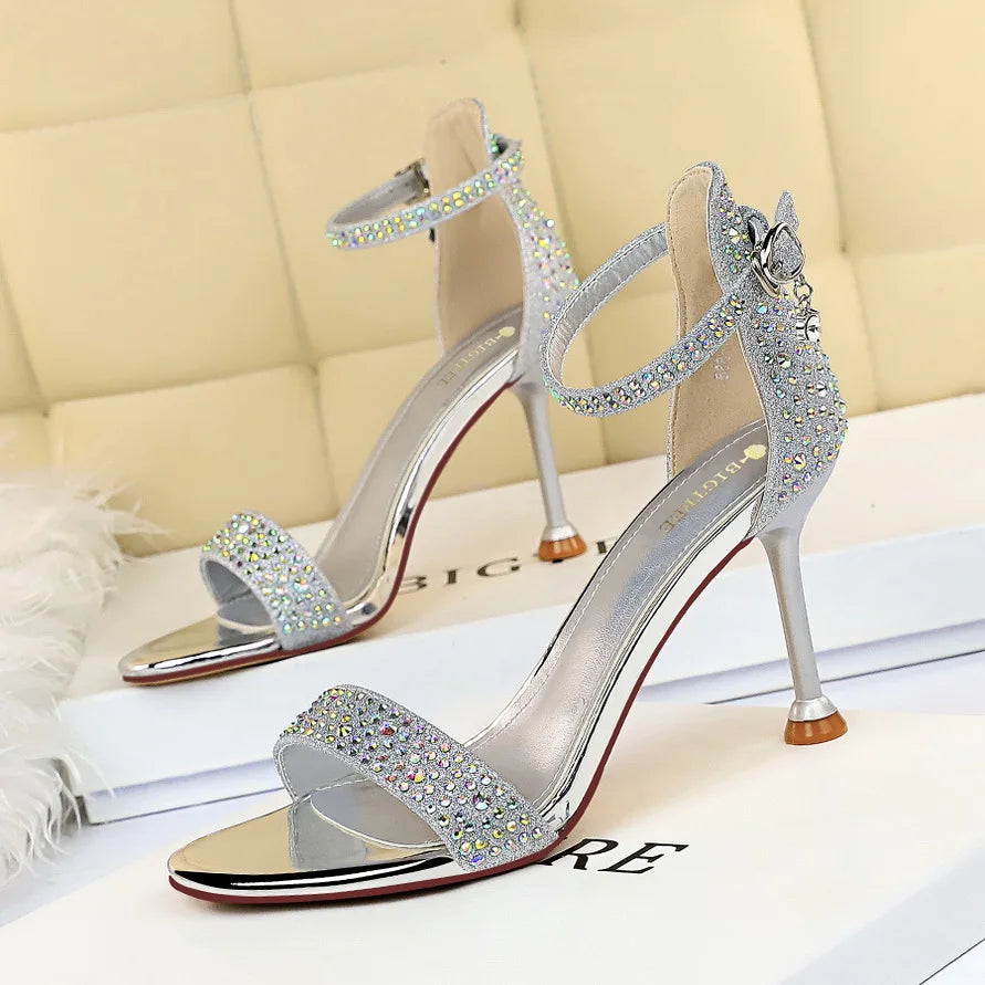 Women Summer Sandals 8.5cm High Heels Rhinestone Crystal Middle Heels Ankle Strappy Sandles Lady Wedding Event Party Gold Shoes