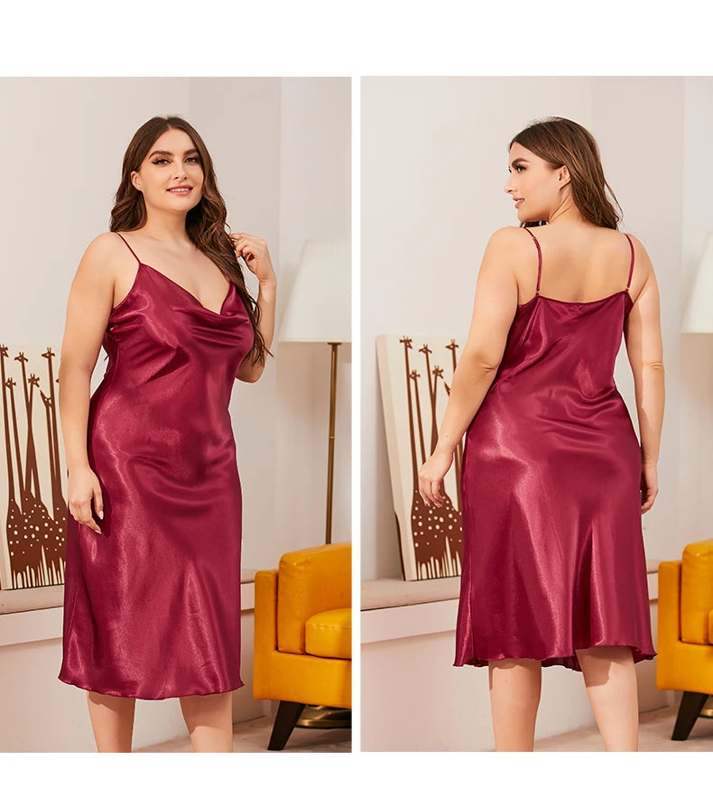Large size Women's Sleepwears Dress Homewear Solid Thin Satin Nightdress Summer Sleepwear Sexy Plus Size Dresses Nightgown
