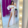 Puloru New Women Two-pieces Beach Suits Summer Solid Color Bikini Cover-ups Sets Off Shoulder Crop Tops+High Slit Maxi Skirts