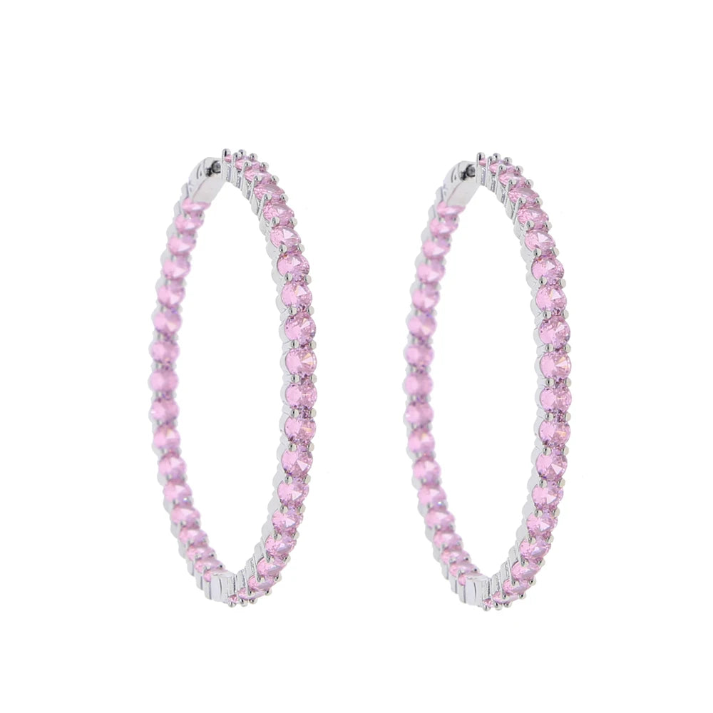 Iced Out Big Hoops Bling 5A Round Cubic Zirconia 55mm Huggie Earring For Women White Pink Colorful CZ Pinky Hoops Jewelry