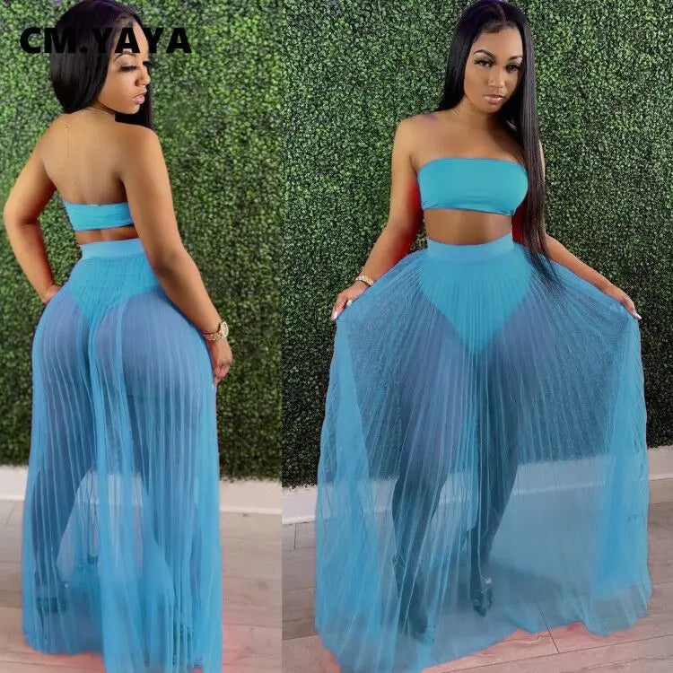 CM.YAYA Women Mesh See Though Two Piece Set Sexy Beach Strapless Tops and Pleated Maxi Skirts Matching Set Summer Outfits