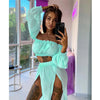Puloru New Women Two-pieces Beach Suits Summer Solid Color Bikini Cover-ups Sets Off Shoulder Crop Tops+High Slit Maxi Skirts