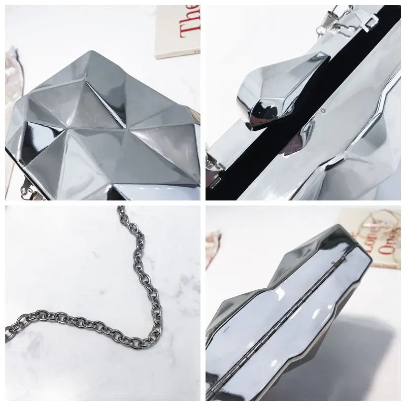 Women Handbags Metal High Quality Hexagon Clutches Fashion Geometric Mini Party Black Evening Purse Silver Bags Gold Box Clutch