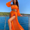 Puloru New Women Two-pieces Beach Suits Summer Solid Color Bikini Cover-ups Sets Off Shoulder Crop Tops+High Slit Maxi Skirts