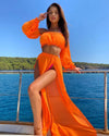Puloru New Women Two-pieces Beach Suits Summer Solid Color Bikini Cover-ups Sets Off Shoulder Crop Tops+High Slit Maxi Skirts