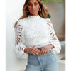 Sexy Long Sleeve White Lace Shirts Women Blouses Casual Crochet Hollow Out Elegant Tops Cropped Turtleneck Blusas 16296