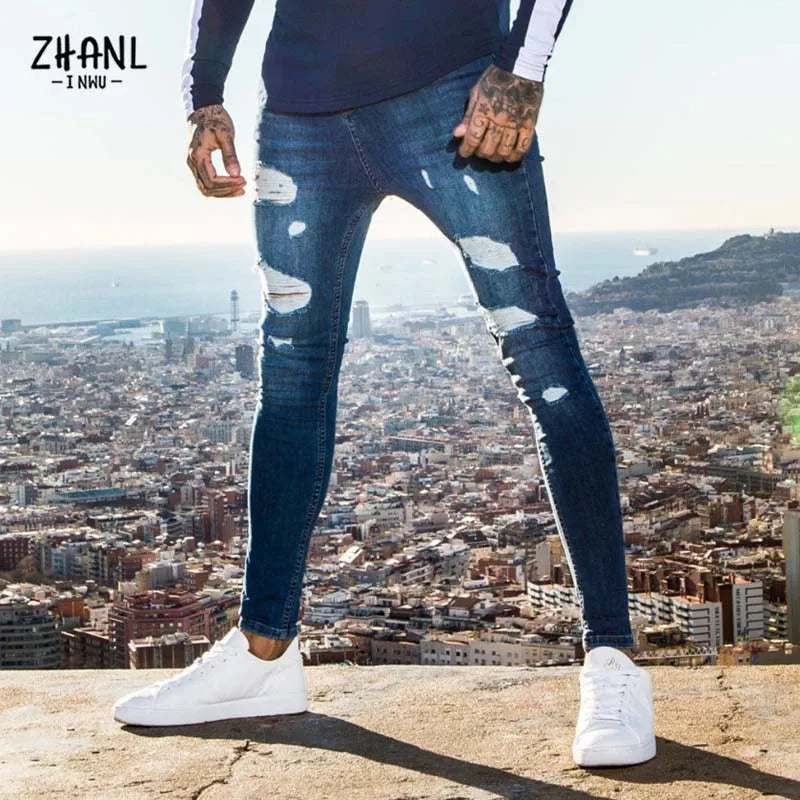 Fashion White Elastic Skinny Pants Man Ripped Jeans Male Streetwear Vintage Wash Solid Denim Trouser Mens Casual Slim fit Pants