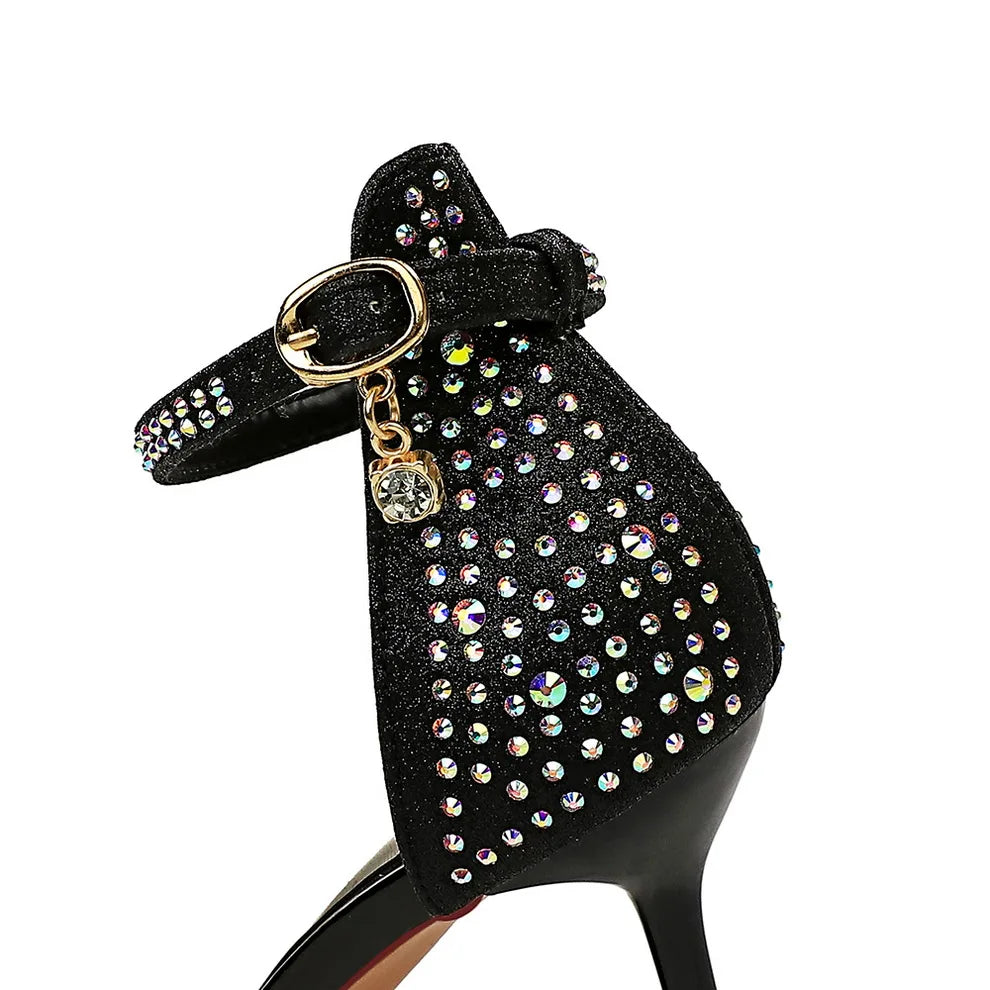 Women Summer Sandals 8.5cm High Heels Rhinestone Crystal Middle Heels Ankle Strappy Sandles Lady Wedding Event Party Gold Shoes