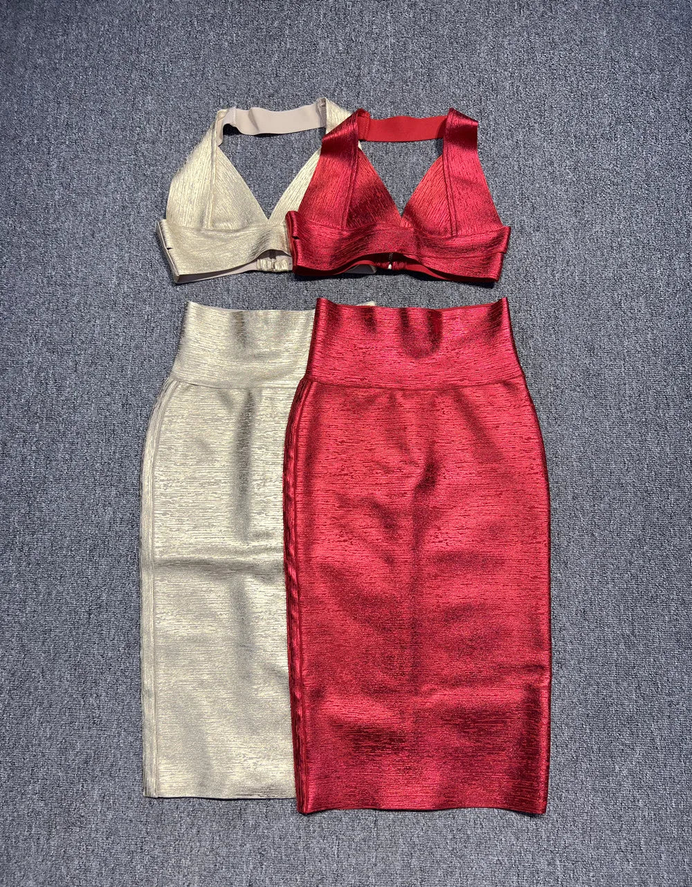 SS2295 Kimshein Gold Stamping Fashion Summer Sexy Bodycon Midi Skirt Set Halter Neck Sleeveless Two Pieces Set