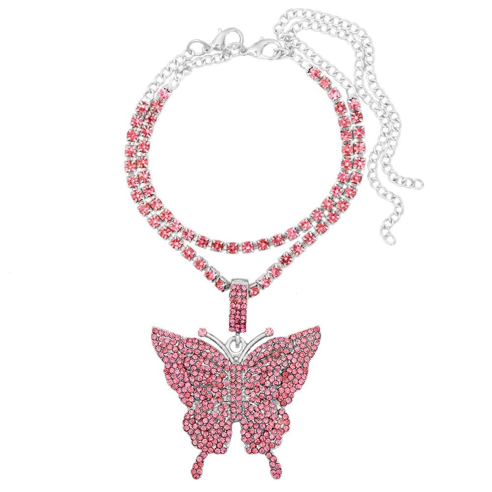 Iced Out Crystal Rhinestones Butterfly Pendants Anklet Chain For Women Multi-layer Big Rhinestones Tennis Chain Ankle Jewelry