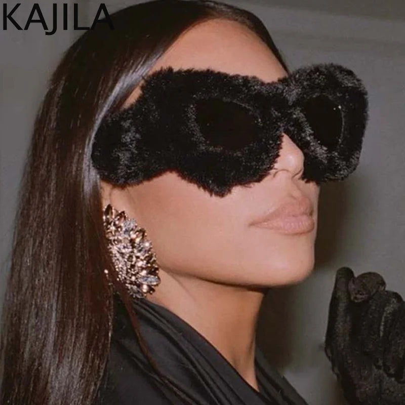 Cat Eye Sunglasses Women Punk Soft Fur Velvet Ladies Sun Glasses 2024 Luxury Brand Trendy Shades Eyewear Oculos De Sol Feminino
