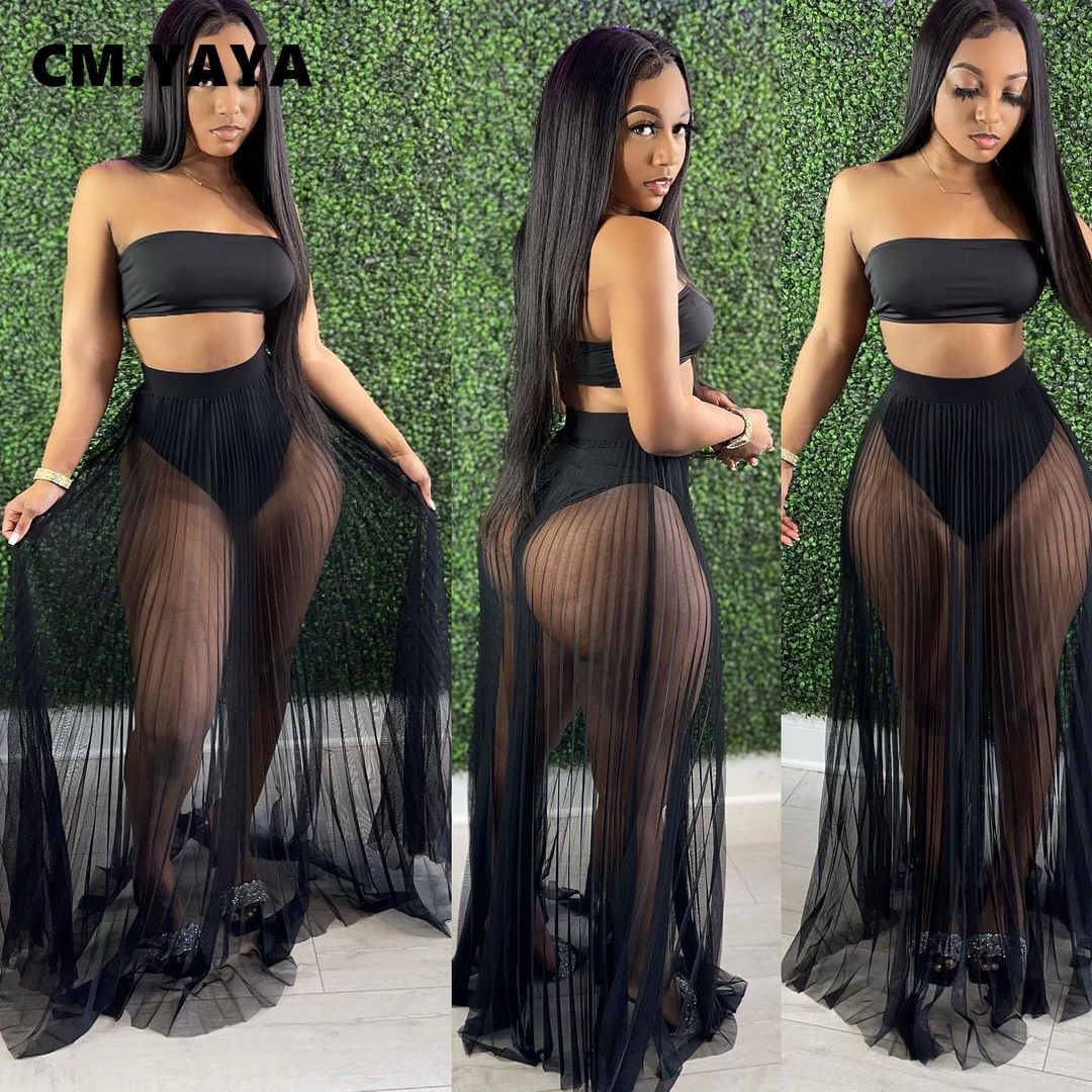 CM.YAYA Women Mesh See Though Two Piece Set Sexy Beach Strapless Tops and Pleated Maxi Skirts Matching Set Summer Outfits