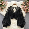 Autumn Black/White/Brown Sexy Lace Blouse Women Elegant V-Neck Puff Long Sleeve Open Back Short Tops Female Party Blusas 2021