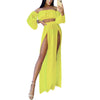 Puloru New Women Two-pieces Beach Suits Summer Solid Color Bikini Cover-ups Sets Off Shoulder Crop Tops+High Slit Maxi Skirts