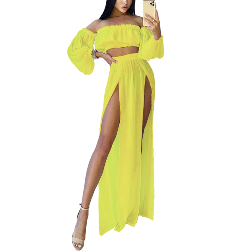 Puloru New Women Two-pieces Beach Suits Summer Solid Color Bikini Cover-ups Sets Off Shoulder Crop Tops+High Slit Maxi Skirts
