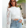 Sexy Long Sleeve White Lace Shirts Women Blouses Casual Crochet Hollow Out Elegant Tops Cropped Turtleneck Blusas 16296