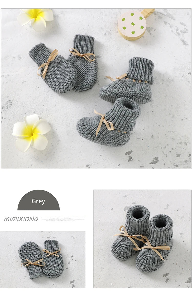 Baby Shoes + Gloves Set Knit Newborn Girls Boys Boots Mitten Fashion Butterfly-knot Toddler Infant Slip-On Bed Shoes Hand Made