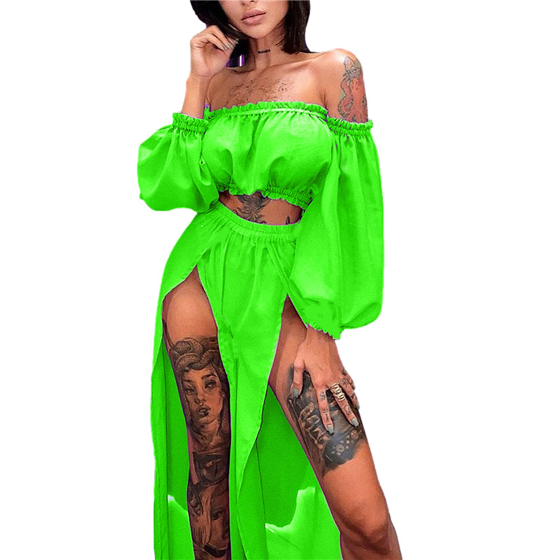 Puloru New Women Two-pieces Beach Suits Summer Solid Color Bikini Cover-ups Sets Off Shoulder Crop Tops+High Slit Maxi Skirts