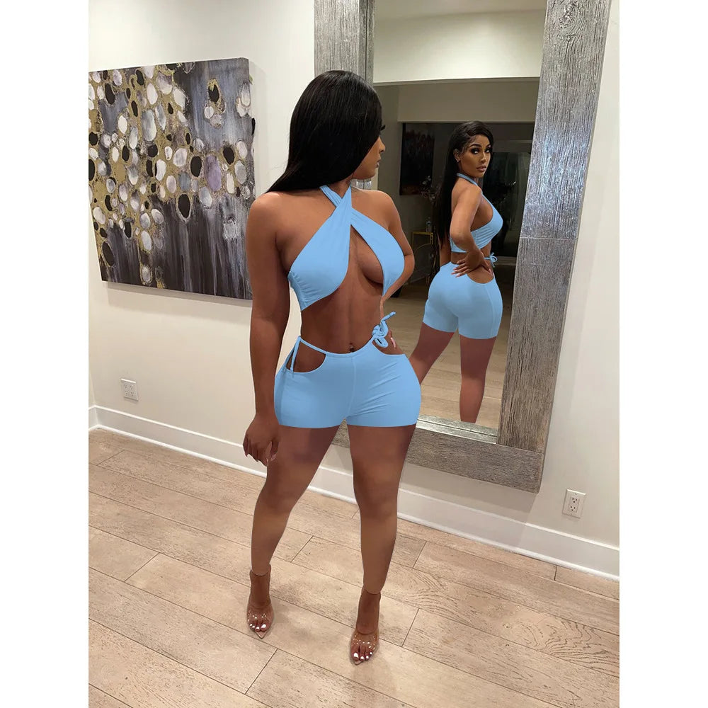 Two Piece Sets for Women Ruched Bandage Criss Cross Solid Women 2024 Spring Backless Club Crop Top and Shorts Matching Set