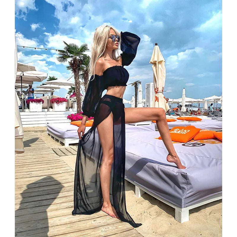 Puloru New Women Two-pieces Beach Suits Summer Solid Color Bikini Cover-ups Sets Off Shoulder Crop Tops+High Slit Maxi Skirts