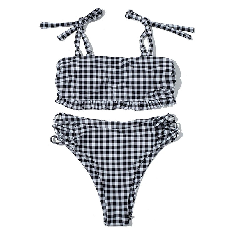 ZTVitality Blue Plaid Bikinis Push Up Bikini 2020 Newest Padded Bandage Swimsuit High Waist Cross Hollow Out Sexy Swimwear Women