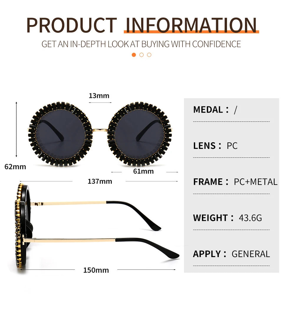 Luxury Brand Designer Round Diamond Sunglasses Women Fashion Vintage Party Travel Steampunk Sun Glasses Sexy Ladies Shades UV400