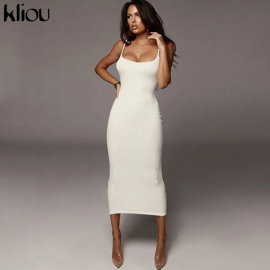 Kliou strap backless sexy bodycon midi long dress new women high waist cotton striped dresses elegant fashion party clothes