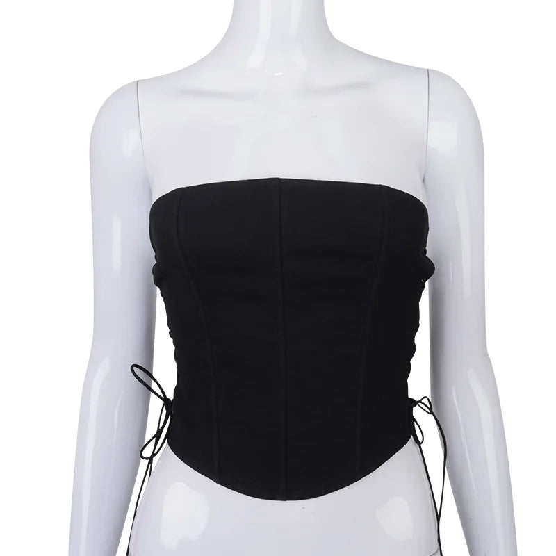 Women's Off Shoulder Strapless Lace Up Bustier Corset, Crop Tops, Black Sleeveless Vest, Cropped Feminino