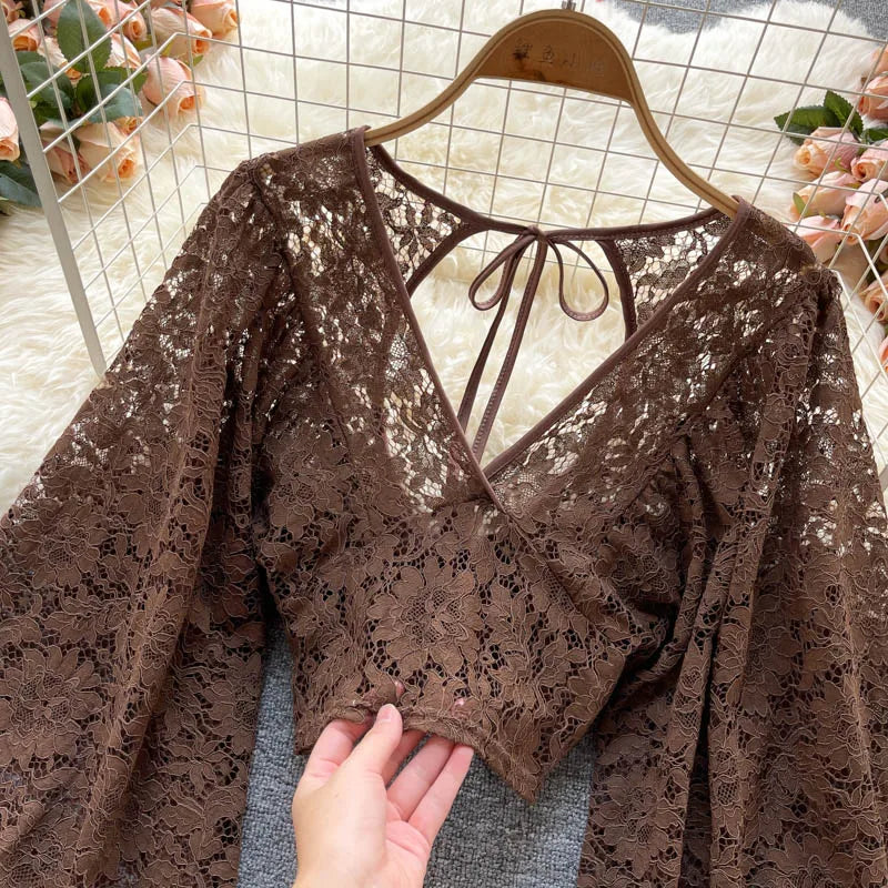 Autumn Black/White/Brown Sexy Lace Blouse Women Elegant V-Neck Puff Long Sleeve Open Back Short Tops Female Party Blusas 2021
