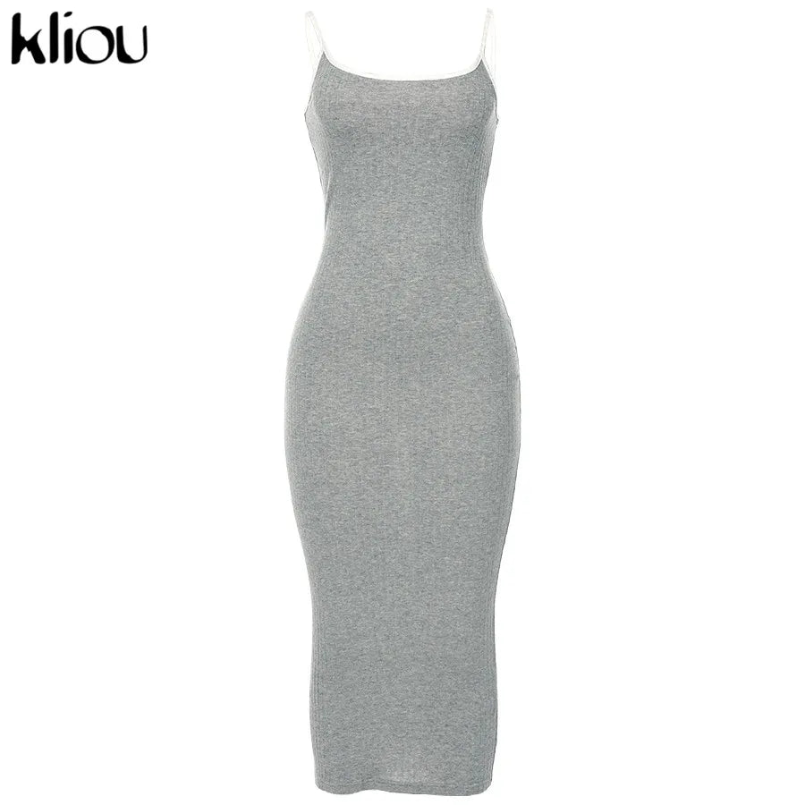 Kliou strap backless sexy bodycon midi long dress new women high waist cotton striped dresses elegant fashion party clothes