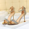 Women Summer Sandals 8.5cm High Heels Rhinestone Crystal Middle Heels Ankle Strappy Sandles Lady Wedding Event Party Gold Shoes